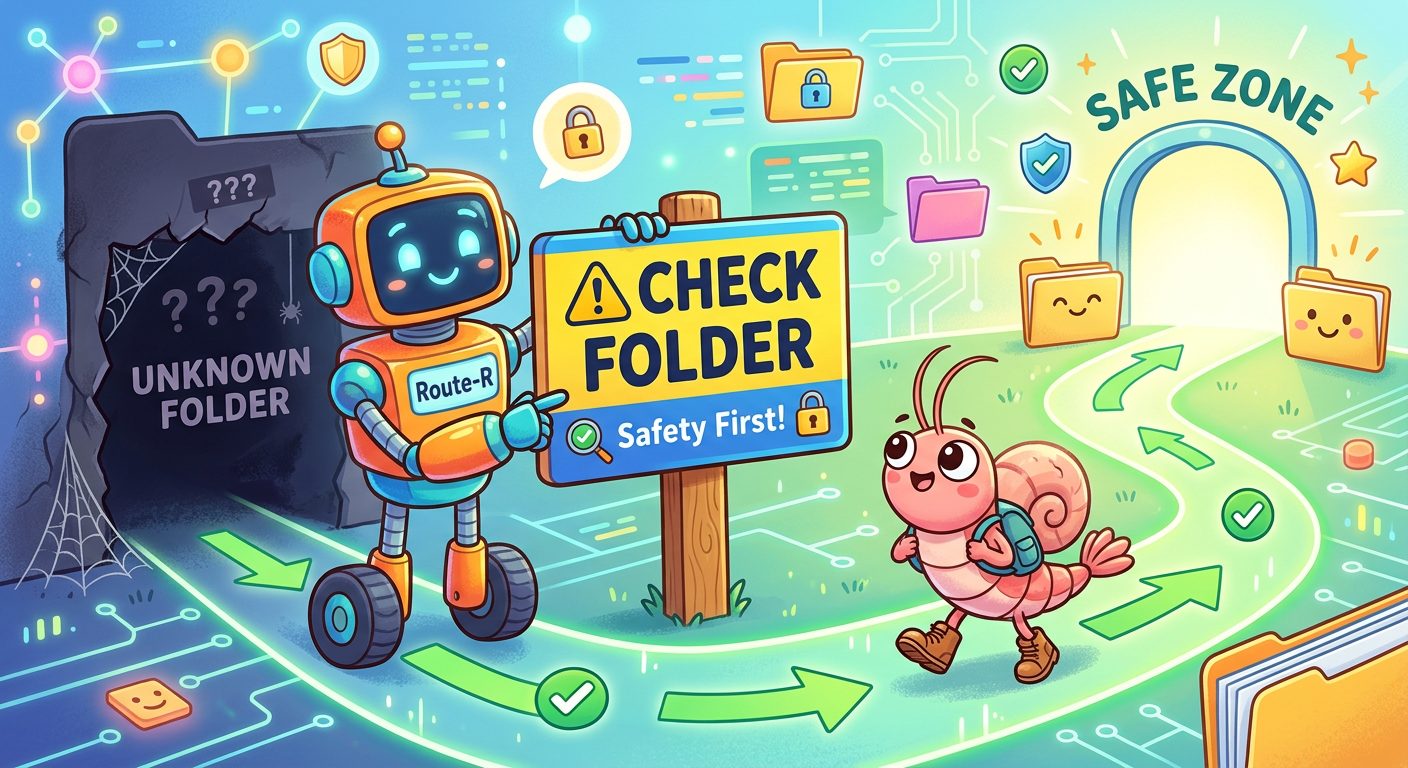 フォルダが存在するか事前に看板でチェックする安全確認イメージ